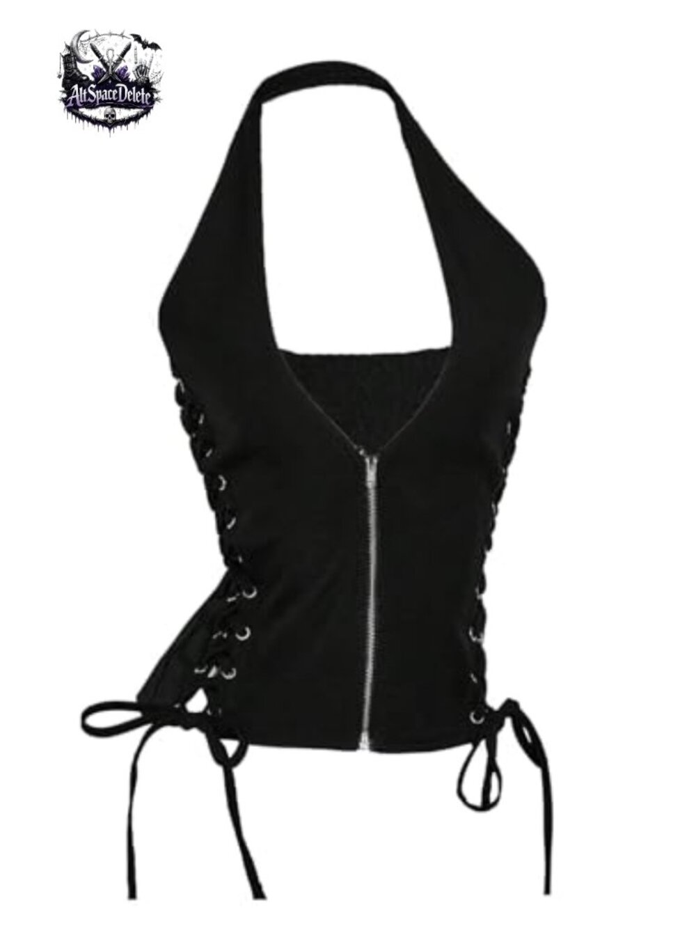 Y2K Lace Up Halter Top Zip Front Deep V Neck Sleeveless Tank Top